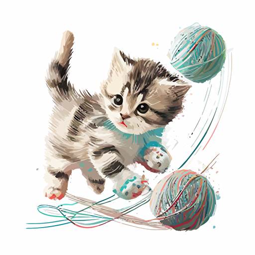 Playful kitten vector chasing a ball of yarn on a white background