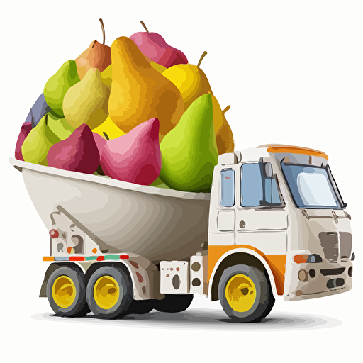 concrete mixer truck full of pears fruit, colorfull, vivid colors, white background, vector style