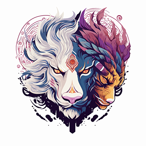 a boho logo of a Chinese dragon next to a traditional lion dancer head, lunar new year imagery, white, black, and purple, white background, vector, 2d