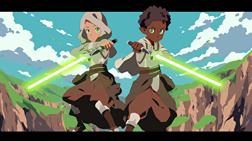 flat vector art, twin Jedi, green and yellow colors, brother and sister