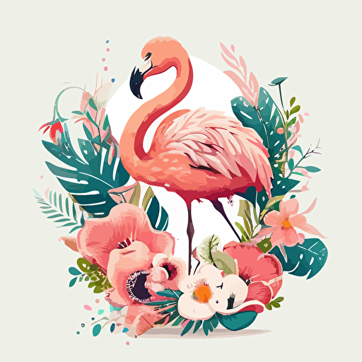 cute flamingo with flowers, detailed, cartoon style, 2d clipart vector, creative and imaginative, hd, white background