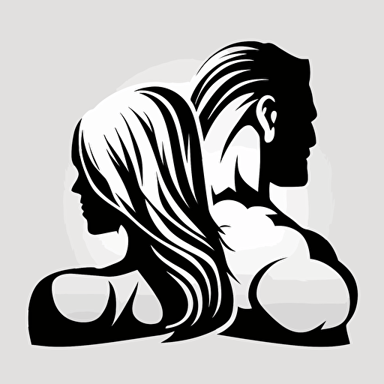 a vector logo with a silhouette of a muscular female back to back with a muscular man with a white background