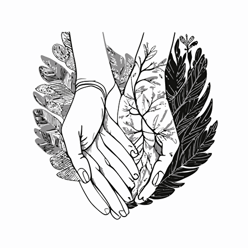 two hands holding together, isolated, black and white, hand drawn, vector, rupi kaur style