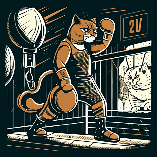 The cat is boxing in the fitness gym. Illustration in vector, clear tones.
