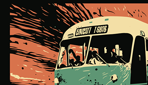 a vector drawing of freedom riders fleeing from a greyhound bus that has been attacked by opponents of integration