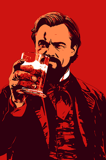 leonardo dicaprio in django unchained holding a glass, front view, poster, vector, gritty, detailed, red background,
