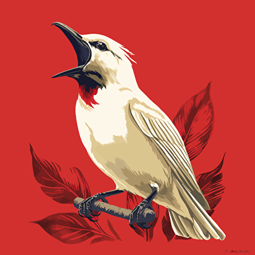 Vector illustration of a waddled White Bellbird calling out with a red background