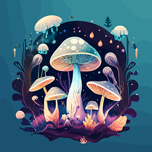 a spiritual and healing and otherwordly world for an instagram post, dream like and healing with crystals and beautiful ethereal creations in a vector or illustrated style with mushrooms