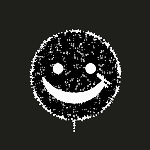 disconcerting smiley face, Banksy style, black background, large closed shapes, fantasy roboter, white space to fill, abstract, artistic, pen outline, white background, very simple, full field of view, centre, minimalistic logo vector art , simple flat vector logo