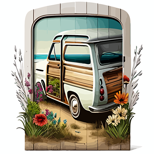 logo, white background, vector, wood doors station wagon, beach elements, flowers, sunny day, very colorfull, v5