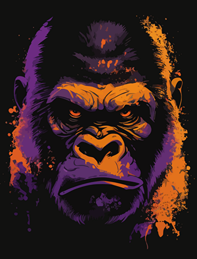a vector drawing of an angry gorilla face with purple and orange highlights, 300 dpi