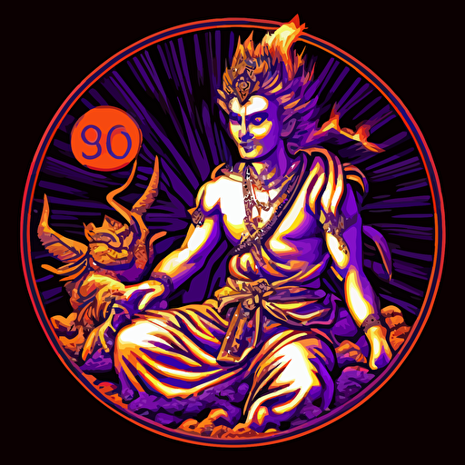1980s scifi manjushri chinese style with flames gold coins mandarines chinese new year logo vector detailed high definition white purple red orange