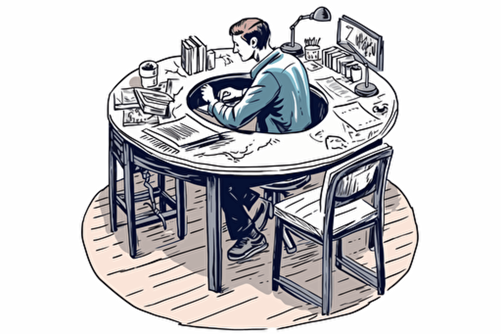 a vector illustration of a person writing or drawing at a round desk. White background