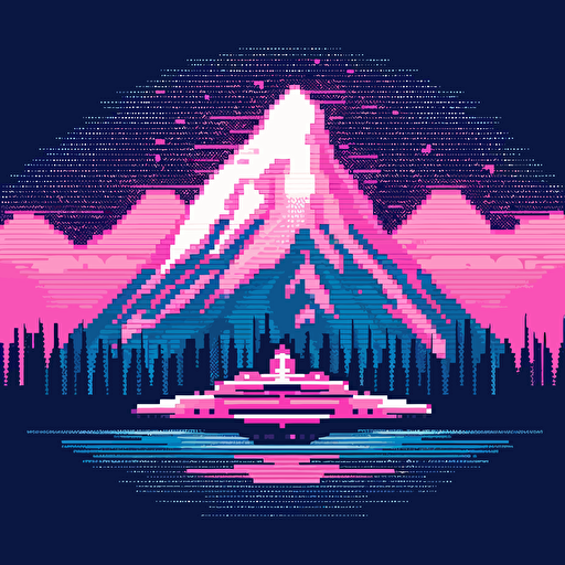 shuttle in front of lake Louise mountain logo, pixel art Neon, pink blue white and black, vector simple, fun, creativity, playfulness, high quality
