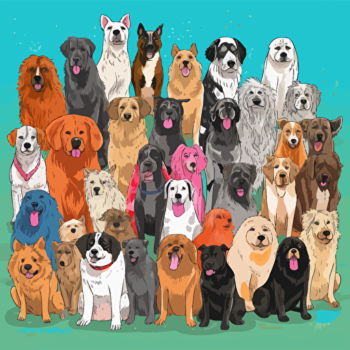 doodle drawing of a large group of cute dogs of various breeds using flat vector drawing in bright colors