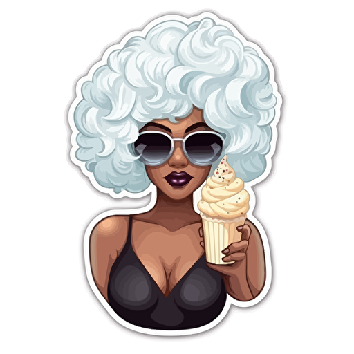 sticker vector illustration, a black female stylish with diva sunglasses and diva attitude, in a dress made of delicious vanilla frosting, with hair like vanilla frosting too