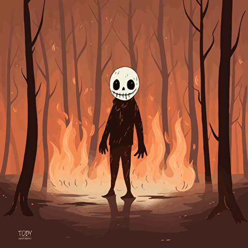 Ticci Toby, Fan Art, 2d illustration, flat vector, hand-drawn, neutral tones, creepypasta, forest on fire