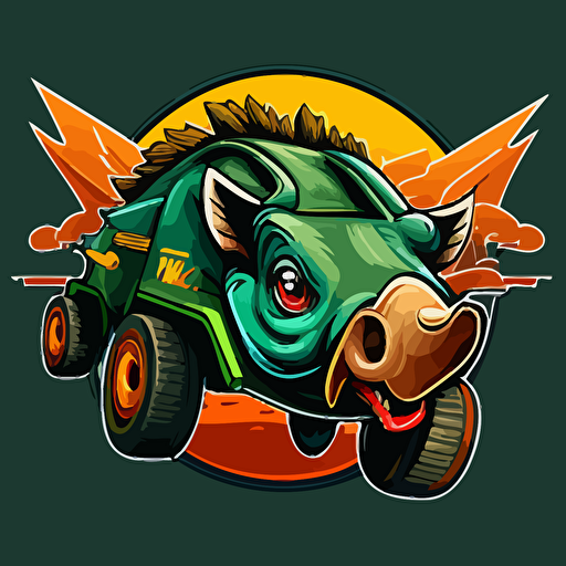 Captured in vivid vector art, the Bosco company's emblem showcases a charismatic warthog. The side shot of the creature reveals friendly, cartoonish eyes that exude a focused determination. As it flashes a wry smile, the warthog is encircled by a simple, circular tire that appears to be burning rubber. The 2D design is both simple and appealing, with the cartoon-style warthog perfectly encapsulating the company's spirit. This inventive logo offers a unique combination of warmth and ambition, drawing the viewer in with its captivating details.
