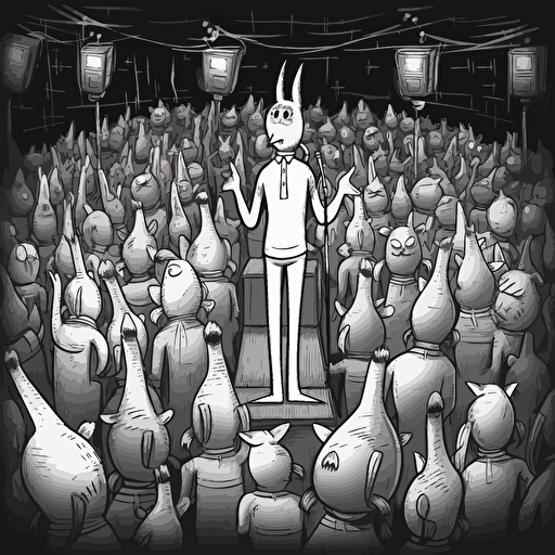 Stand up comedy show. Point of view from the presenter behind microphone. Audience are humanoid animals. Black and white, vector,