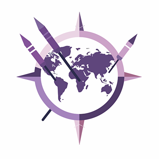Three sticks with arrows in the middle, shield, global imagery, orderaly arrangements, precisionist style, white background, purple tones, no image noise, flat vector illustration