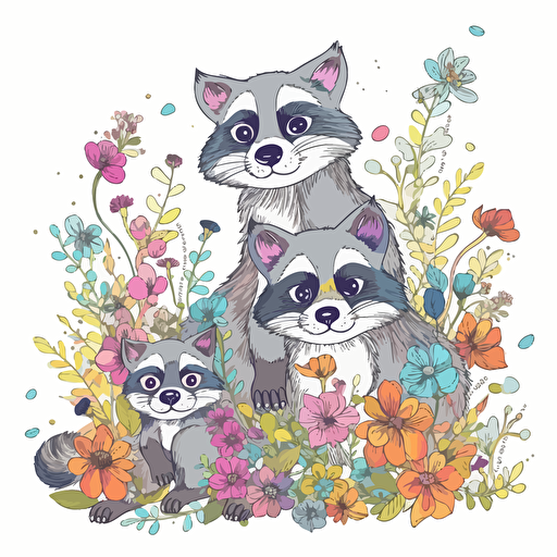 a pastel colored family of racoons on a white background with colorful wildflowers growing around them + detailed doodle style + white background + simple vector + bright pastel colors