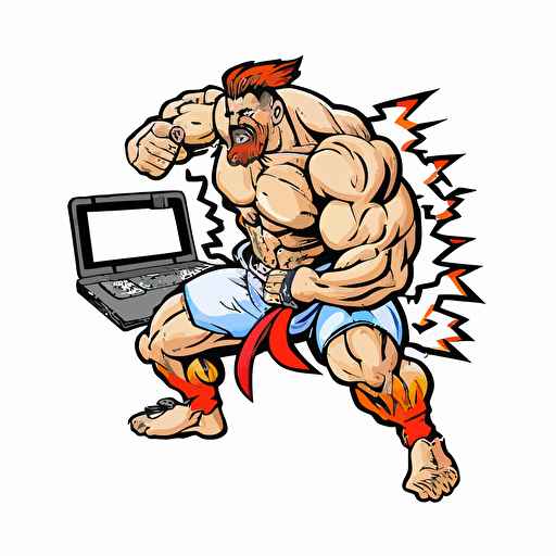 a muscular video gamer, Sticker, Happy, Primary Color, Deviant Art, Contour, Vector, White Background, Detailed,