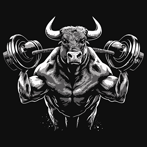 bull holding powerlifter weights in his mouth, vector style, black and white, black background