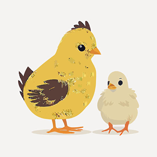 white hen chicken and her yellow baby chick, white background, childrens book flat color vector art