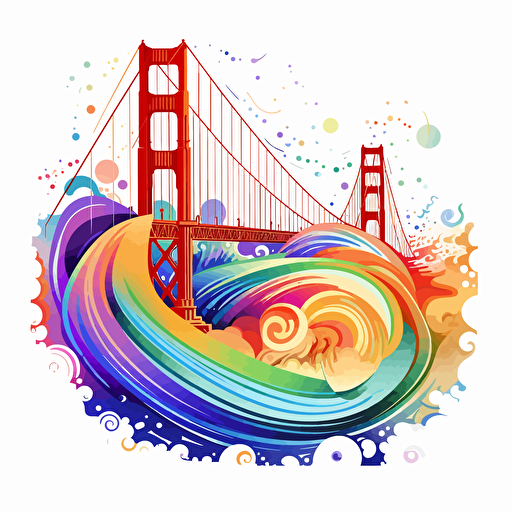 16 colors, colorful vector art, golden gate bridge and transamerica pyramid in a galaxy, swirl patterns, white background