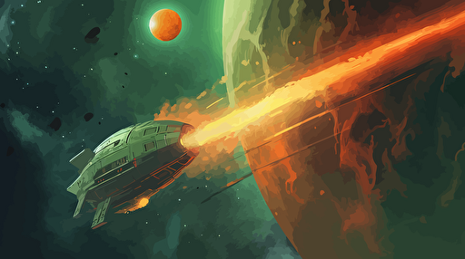 A scene taking place in outer space. On the right side of the image: an undiscovered jungle planet with jungle-like details dotting its surface and a hazy green atmosphere. On the left side of the image: a spaceship quickly approaching the planet and entering its atmosphere with flames surrounding it. Wide angle, indications of high rates of speed, flat vector illustration