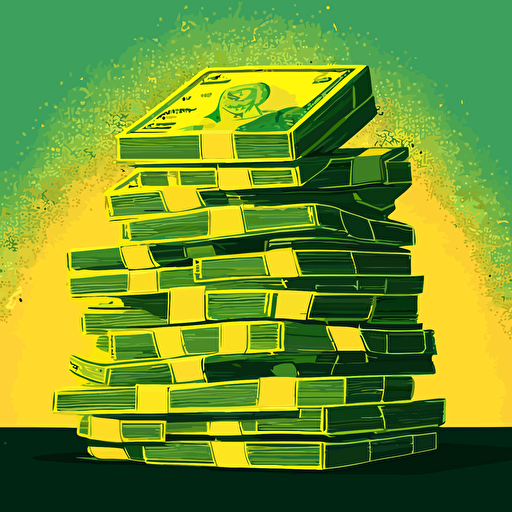 A huge pile of millions of US dollars. Illustration in vector, green and yellow tones, in the style of 80's advertising.