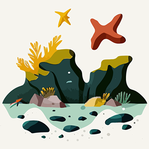 tidepooling, sea stars on a rock, minimalist design, fun vibe, vector, 2d, flat