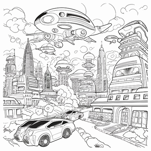 Futuristic City. Many Flying Cars. No Shadow. Cartoon. Coloring page. Vector. Simple.