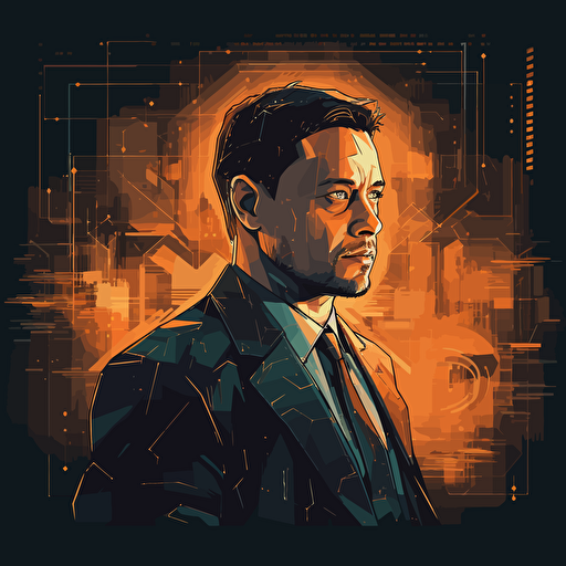 2D vector Jordan Belfort (Leonardo DiCaprio) in minimalism cyberpunk style and in orange colors. Dark background