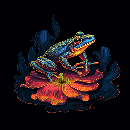 Frog on a lily pad floating on lava, Dark, digital art, contour, vector, black background