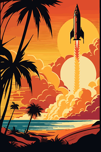 Rocket launching with sunset in background, 1970's style vector art