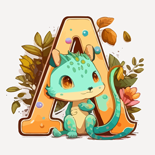 sticker flat vector art,2D kawaii, baby alligatr sitting on the letter A,cute,colorful disney-inspired