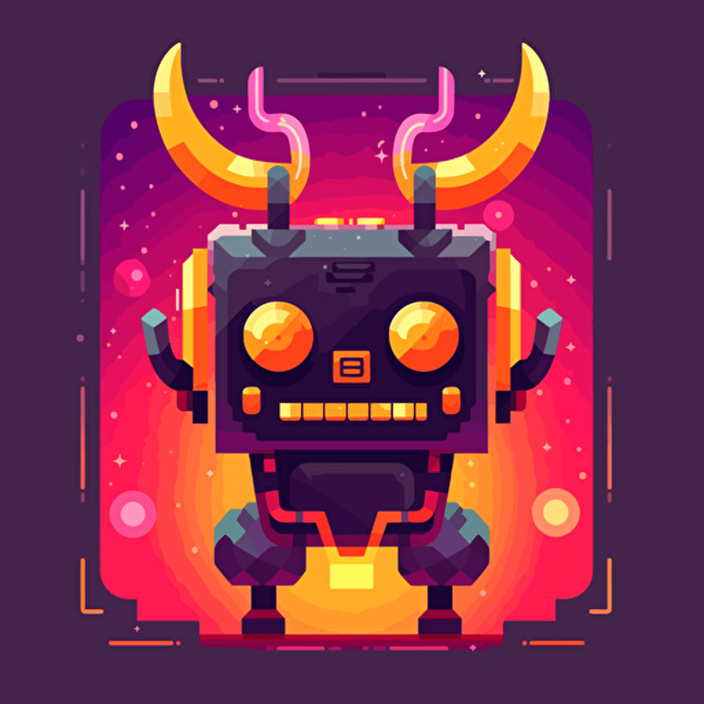 Cute kurzgesagt vector art of a robot with a big CRT head and angry pixel eyes, with a smile and horns and a pitchfork. As if they are a cute vector art robot demon hybrid.