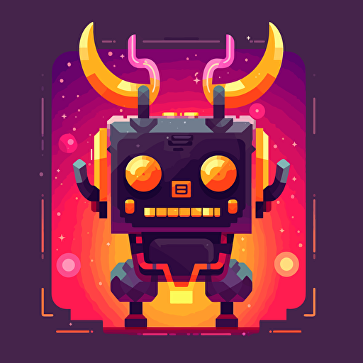 Cute kurzgesagt vector art of a robot with a big CRT head and angry pixel eyes, with a smile and horns and a pitchfork. As if they are a cute vector art robot demon hybrid.
