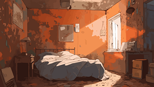 old orange decrepit bedroom wall, 2d animation, anime, vector image