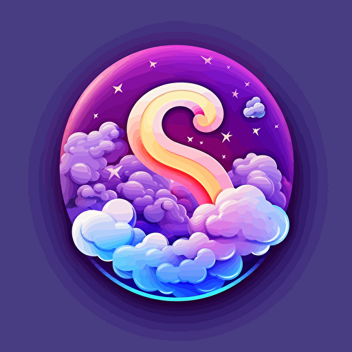 vector logo with clouds and stars, purple and pink colors, tiny letter s in bubble