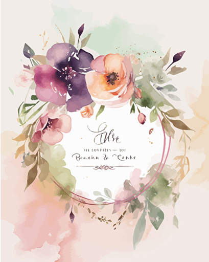 sober wedding invitation, with a littlee circle of stylized flowers, spring style, logos vector style, aquarellestyle