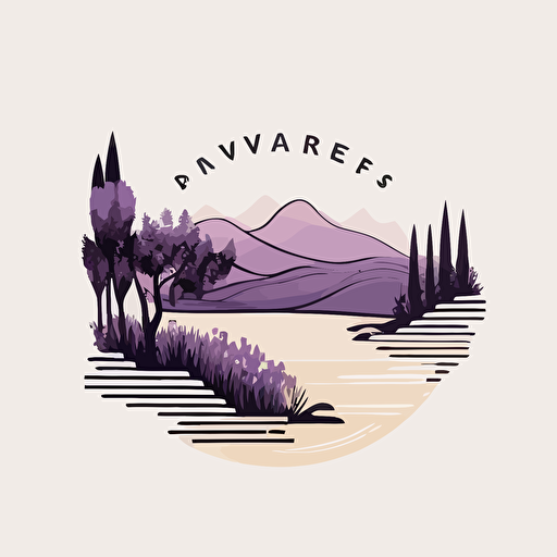 A minimalist vector logo featuring rivers, landscape, wineries, lavender, sunshine