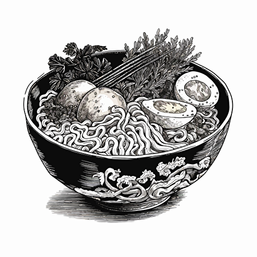 ramen bowl, black and white, vector art, white background