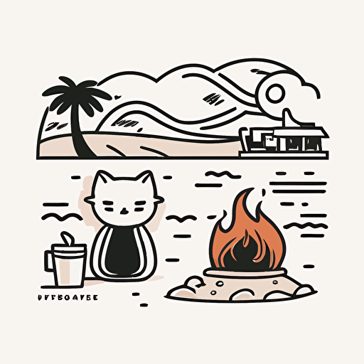 beach with cat, fire, coffee shop cute starbucks logo cartoon, minimal, line, NO COLOR, one line, black ink, vector, white background