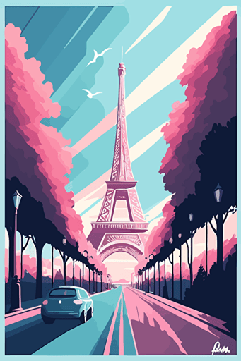 flat vector art illustration | travel poster featuring | Eiffel Tower Paris | Pastel Blues, Pinks, Purples | Wide Angle