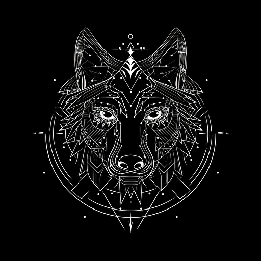 Angry sacred geometry wolf, Banksy style, black background, large closed shapes, fantasy roboter, white space to fill, abstract, artistic, pen outline, white background, very simple, full field of view, centre, minimalistic logo vector art , simple flat vector logo