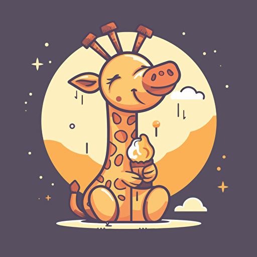 Giraffe, Eating Ice Cream, Happy, Soft Lighting, Comic vector illustration style, flat design, minimalist logo, minimalist icon, flat icon, adobe illustrator, cute, Simple