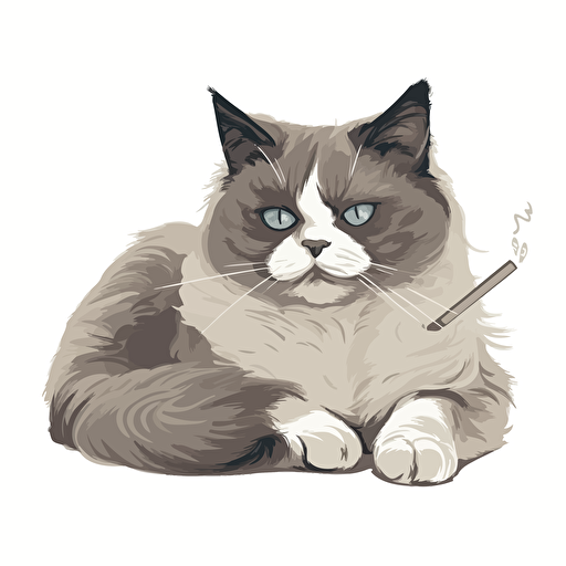 a tough looking bicolor Ragdoll cat with a big cigarette in his mouth, vector greyscale