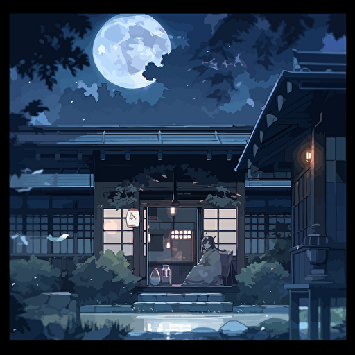 the night in japan, full moon, relaxing picture, vector style